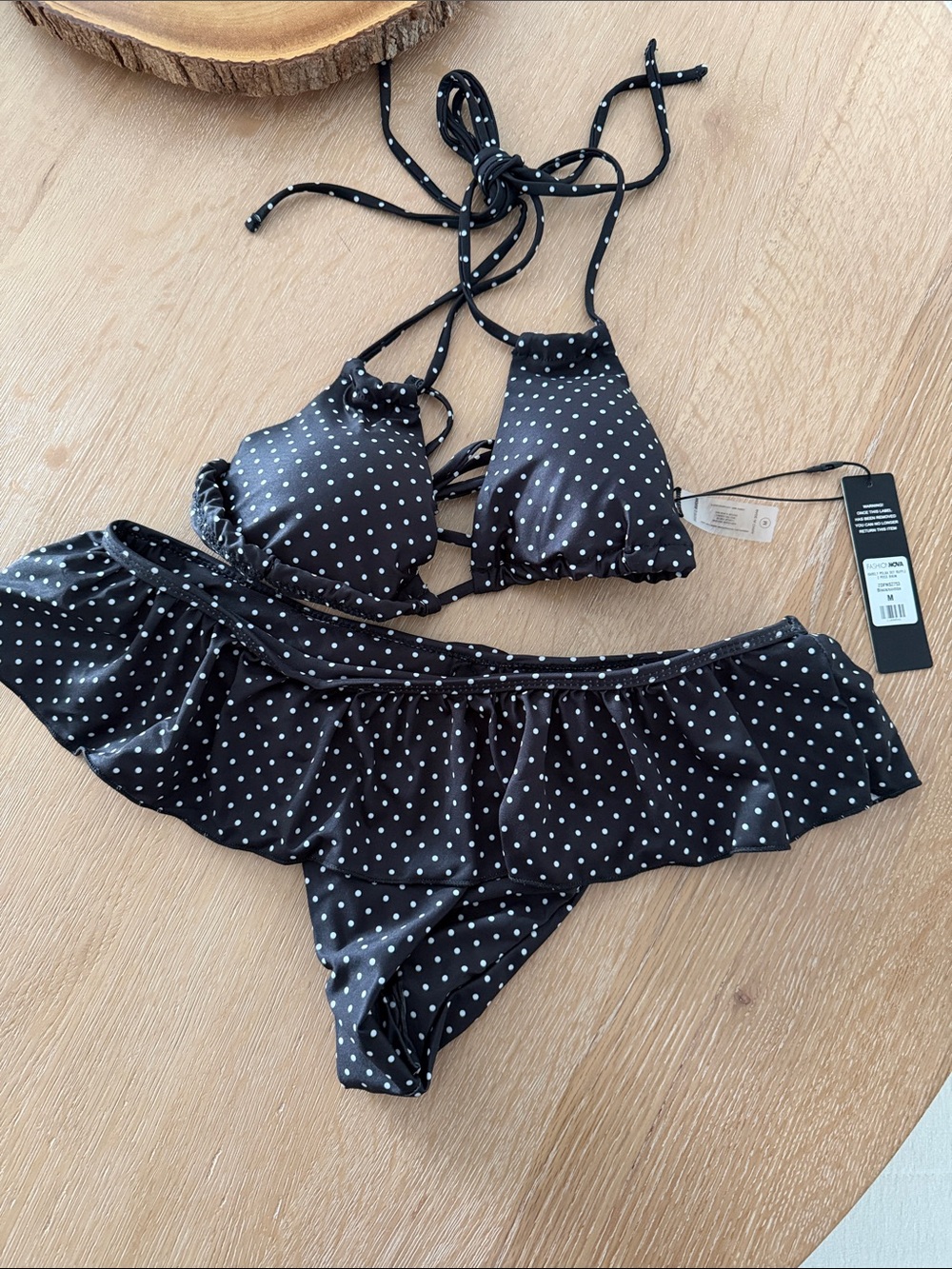 Fashion Nova - Polka Dot Ruffle Bikini Set - Black